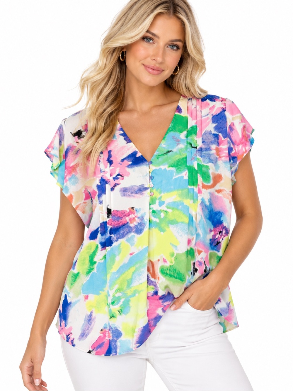 Cynthia Rowley Abstract Floral Blouse Size 12 Multicolor Watercolor Print V-Neck